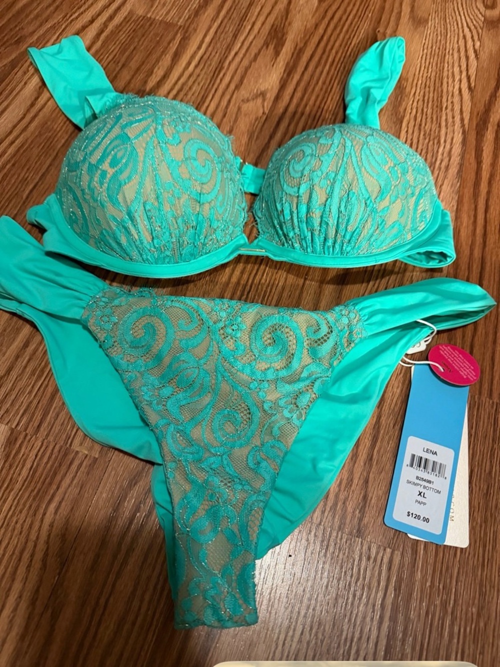 Beach Bunny Teal Lace Bikini Set with Golden Shimmer. NWT Sz. XL